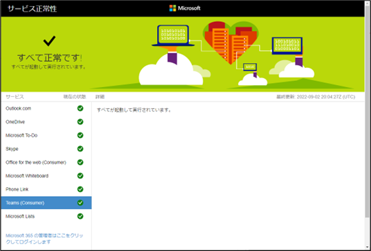 Teams 不具合や障害が発生しているか確認する方法
Microsoft サービス正常性
ざっくりとMicrosoftのクラウドサービスが正常に動作しているかどうか確認ができる。Teamsは複数のサービスの集合体のため、ファイル関連であればOneDrive、カレンダー関連であればOutlook.comを見てみると良いだろう。