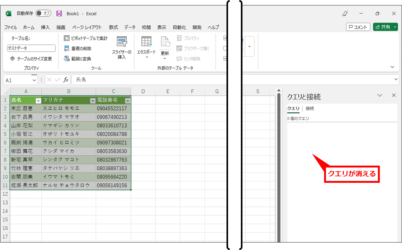 Excel CSVファイルをゼロが消えない文字化けしないように開く方法
クエリが消え、CSVファイルとの連携が切れる。あとは必要な編集などを行ない、必要なファイル形式で保存する。