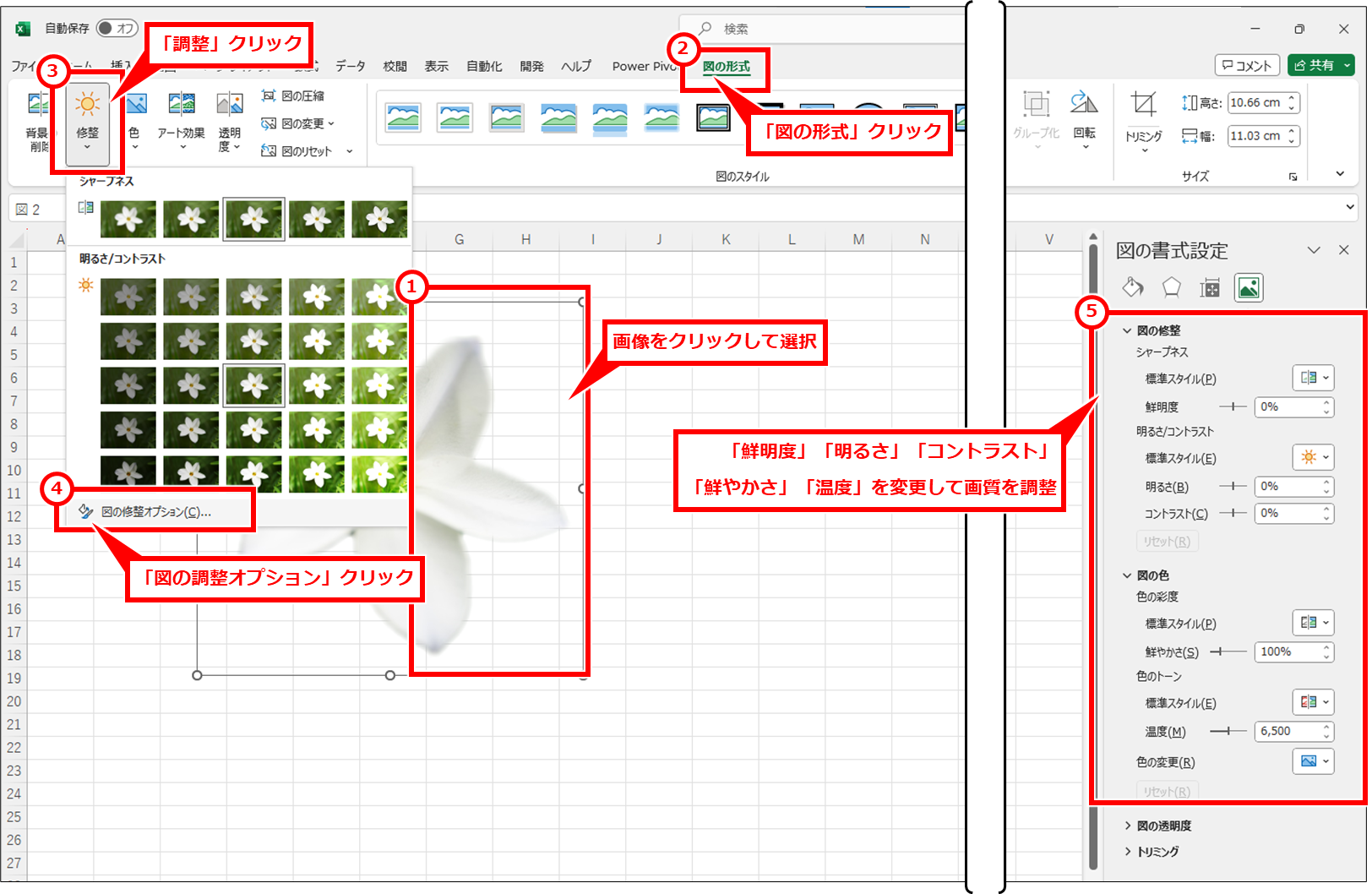 Excel 写真・画像の切り抜き・色合いを調整して画像ファイルとして保存する方法 画像をクリックして選択し、「図の形式」 → 「調整」 → 「図の調整オプション」を順にクリックし、右側に表示された「図の書式設定」セクションで、画像の調整を行なう。