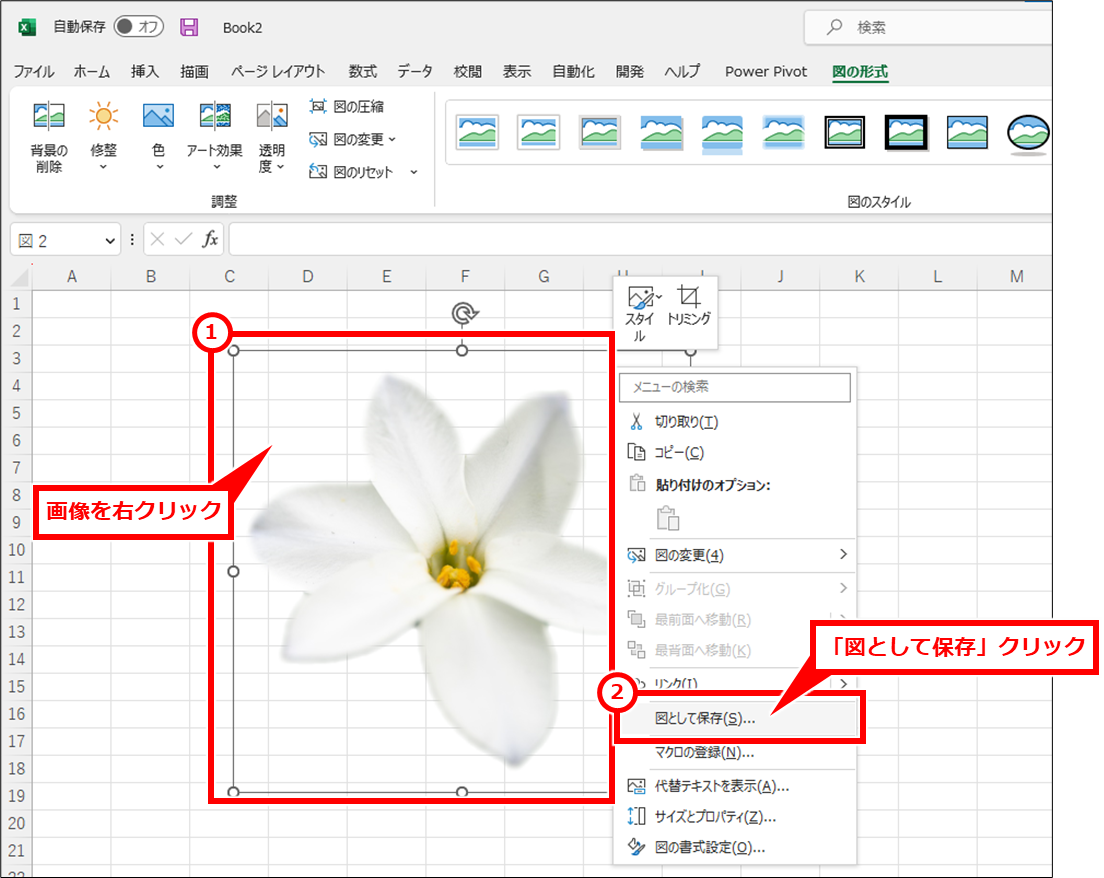 Excel 写真・画像の切り抜き・色合いを調整して画像ファイルとして保存する方法 画像を右クリックし、「図として保存」クリック