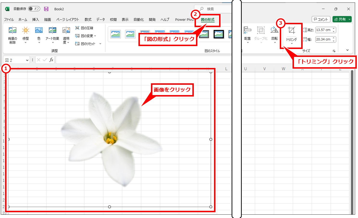 Excel 写真・画像の切り抜き・色合いを調整して画像ファイルとして保存する方法 画像をクリックし、「図の形式」 → 「トリミング」を順にクリック