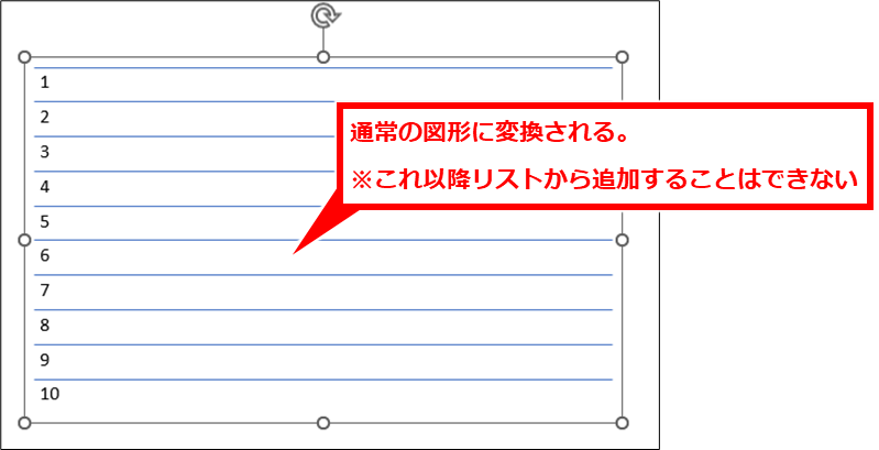 Excel リストからテキストボックスを一括作成する方法
通常の図形に変換される。
※これ以降リストから追加することはできない