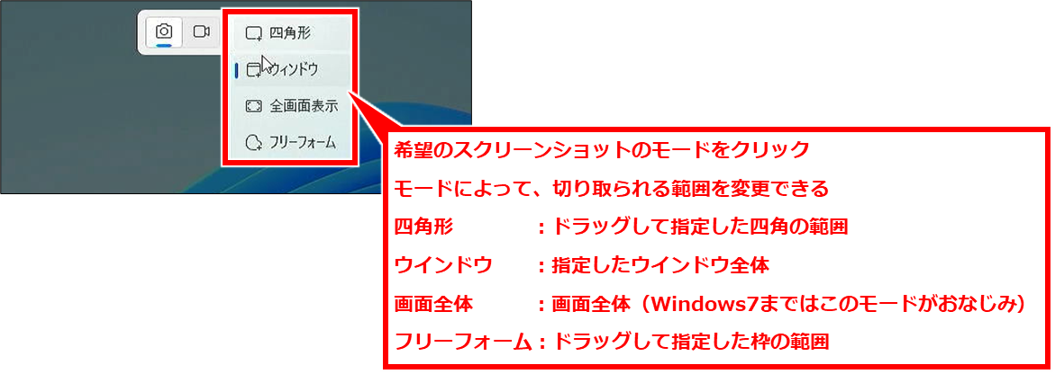 Windows スクリーンショットを自動保存や保存先確認、複数ウインドウ開く、枠をつける（Snipping Tool）
希望のスクリーンショットのモードをクリック
モードによって、切り取られる範囲を変更できる