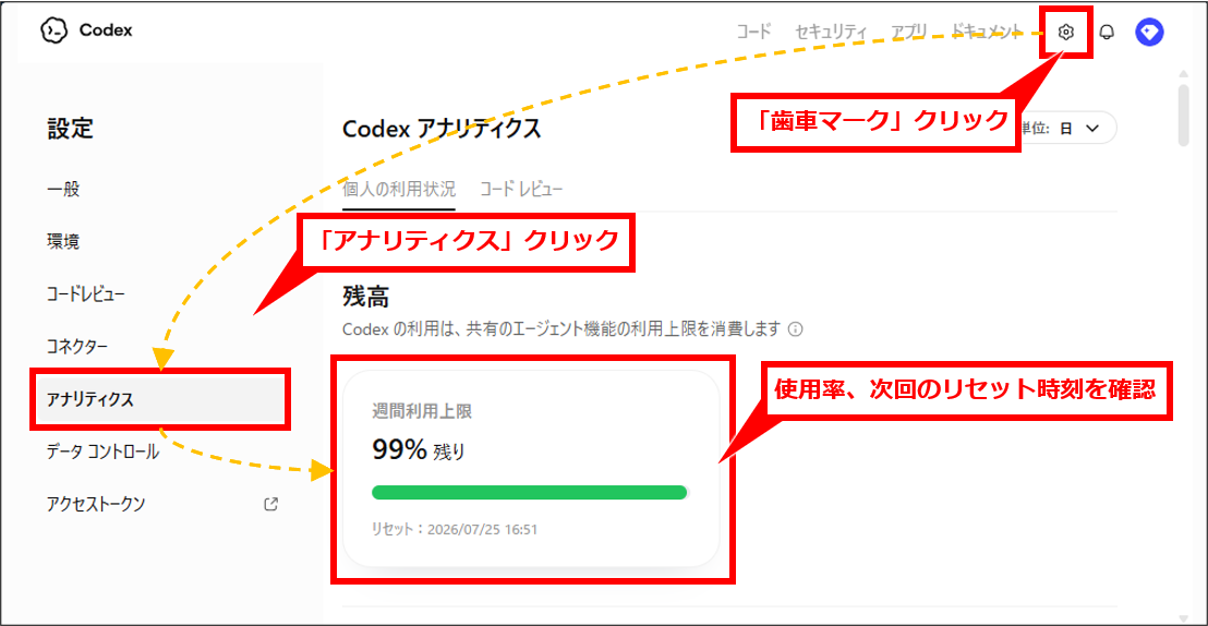 AI Codexの使用状況・リセットチケットを確認する方法【アプリ・Web・VS Code・CLI別】
Codex Webを開く
設定(歯車マーク)をクリック
アナリティクスをクリック
使用率と次回のリセット時刻を確認する
